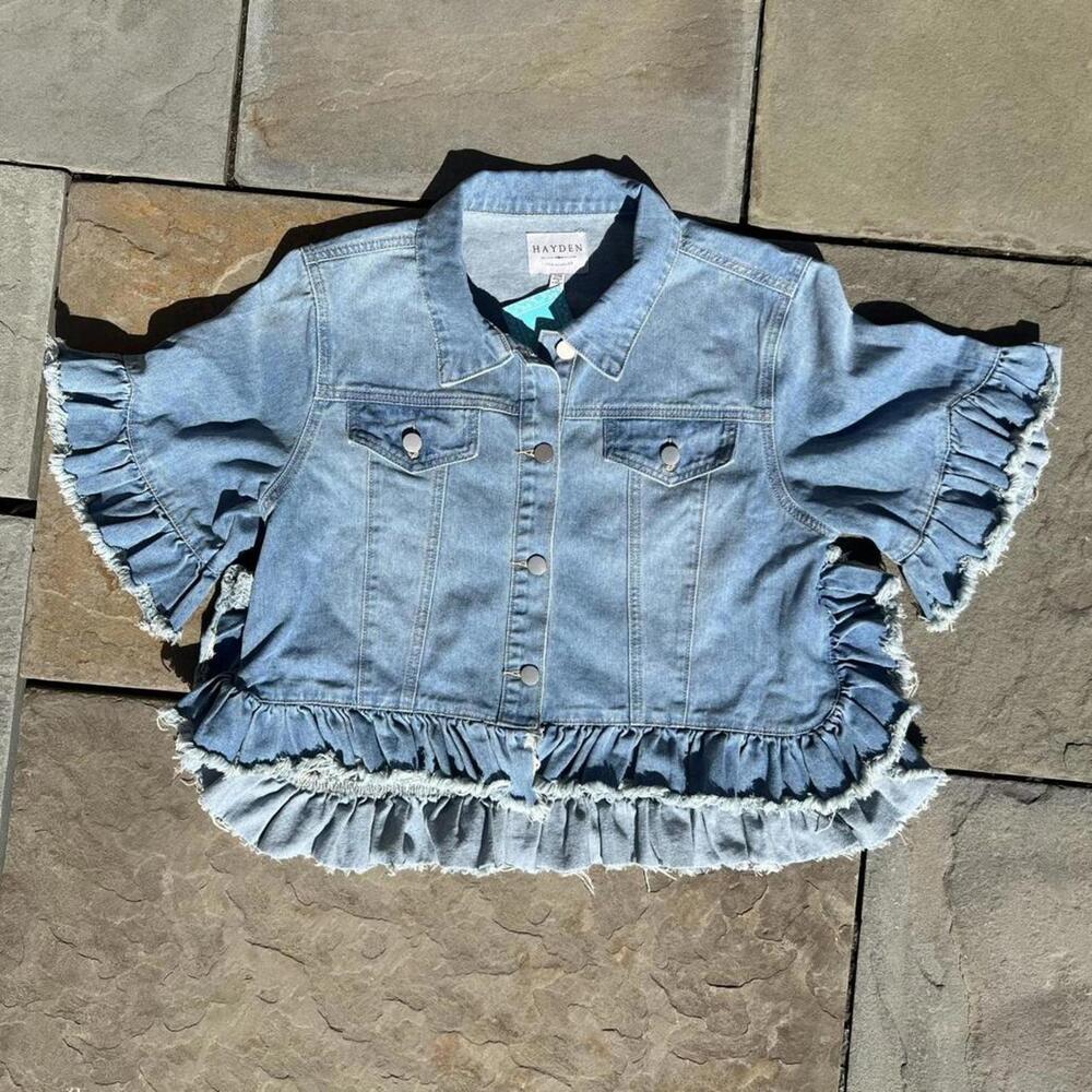 NWT Stonewashed Denim Ruched Frill Jacket